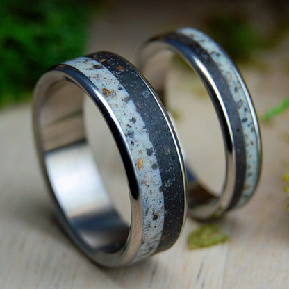 CROWDER OKLAHOMA SET | His & Hers Beach Sand, Rocks & Titanium Wedding Rings - Minter and Richter Designs