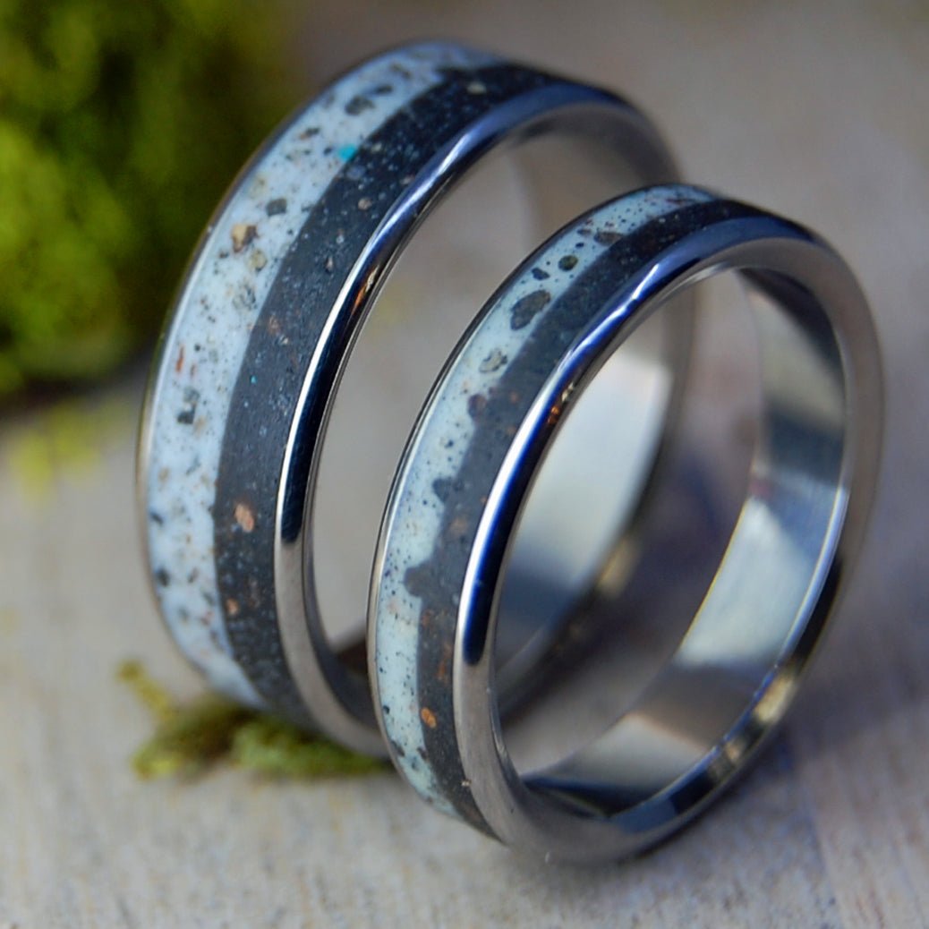 CROWDER OKLAHOMA SET | His & Hers Beach Sand, Rocks & Titanium Wedding Rings - Minter and Richter Designs