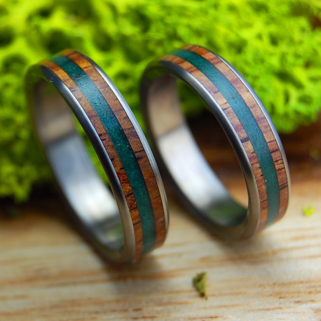 CRUSHED JADE LIGHT COCO SET | Men's & Women's Crushed Jade & Cocobolo Wood & Titanium Wedding Rings - Minter and Richter Designs