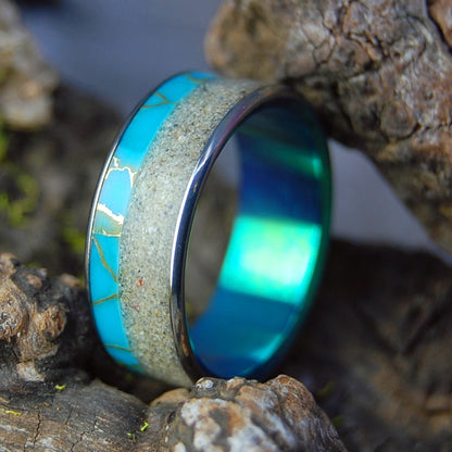 CULEBRITA PUERTO RICO GREEN| Men's Tibetan Turquoise, Beach Sand & Titanium Wedding Ring - Minter and Richter Designs