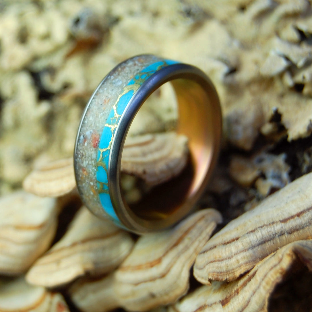 CULEBRITA PUERTO RICO SUNSET | Tibetan Turquoise & Beach Sand Wedding Rings - Minter and Richter Designs