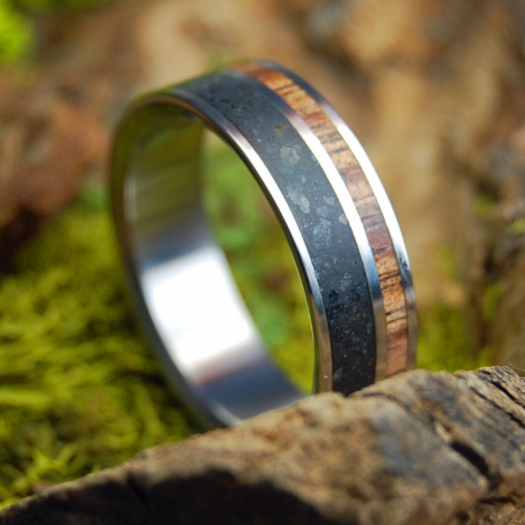Dark Koa Icelandic Lava | Beach Sand Lava & Koa Wood Titanium Wedding Ring - Minter and Richter Designs
