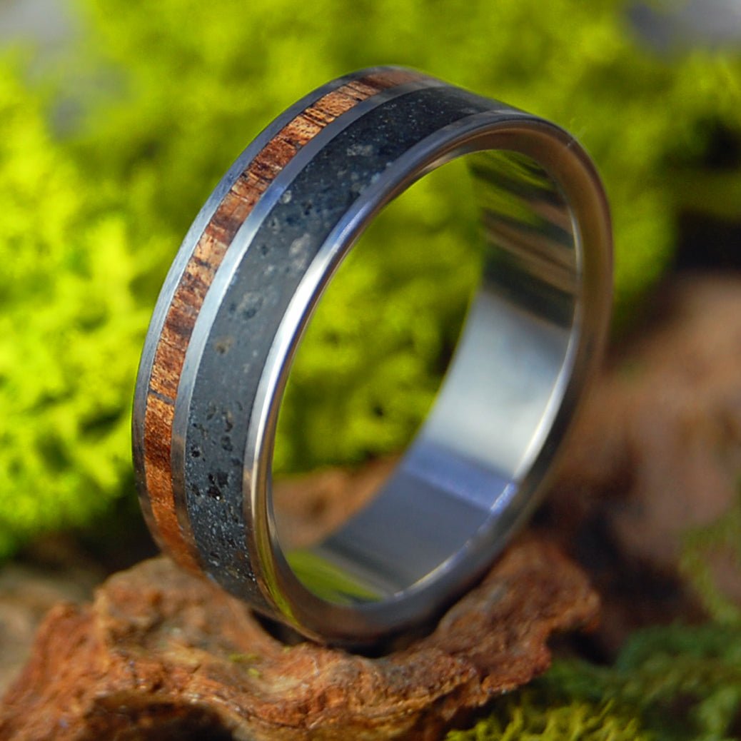 Dark Koa Icelandic Lava | Beach Sand Lava & Koa Wood Titanium Wedding Ring - Minter and Richter Designs