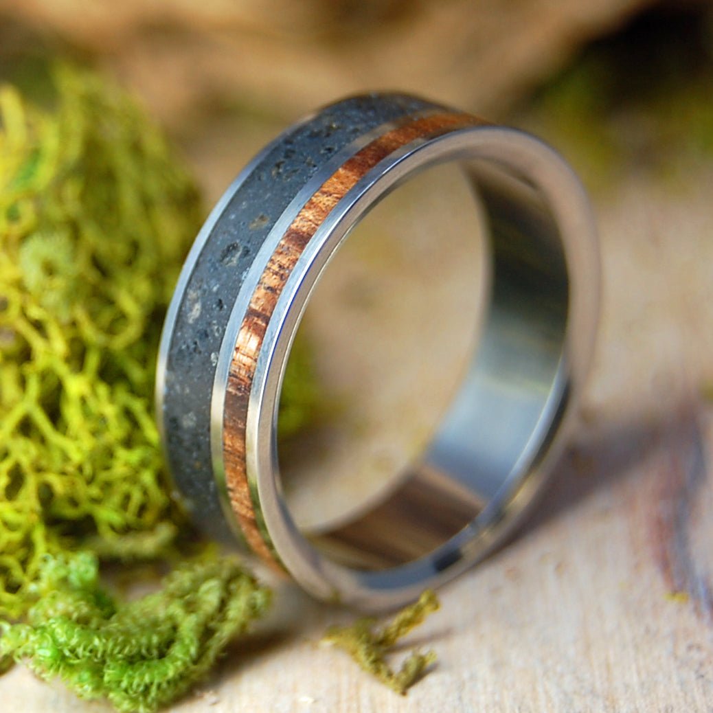 Dark Koa Icelandic Lava | Beach Sand Lava & Koa Wood Titanium Wedding Ring - Minter and Richter Designs