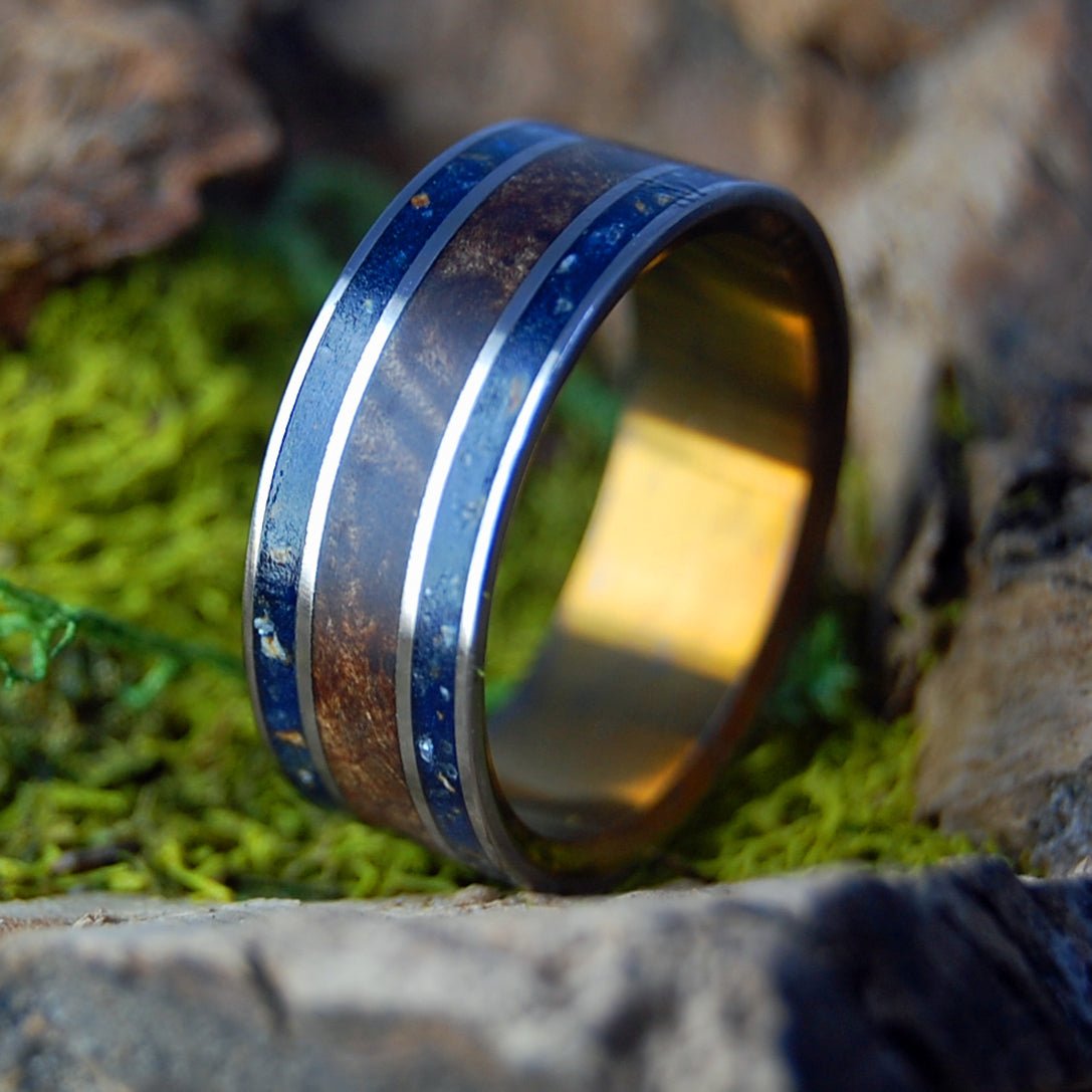 DARK MAPLE BATTLE CRY | Men's Battleground Earth, Bullet Fragments & Titanium Wedding Ring - Minter and Richter Designs