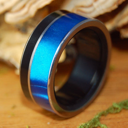 DARK SIDE OF THE BLUE MOON | Men's Onyx Stone, & Blue Marbled Opal Wedding Ring - Minter and Richter Designs