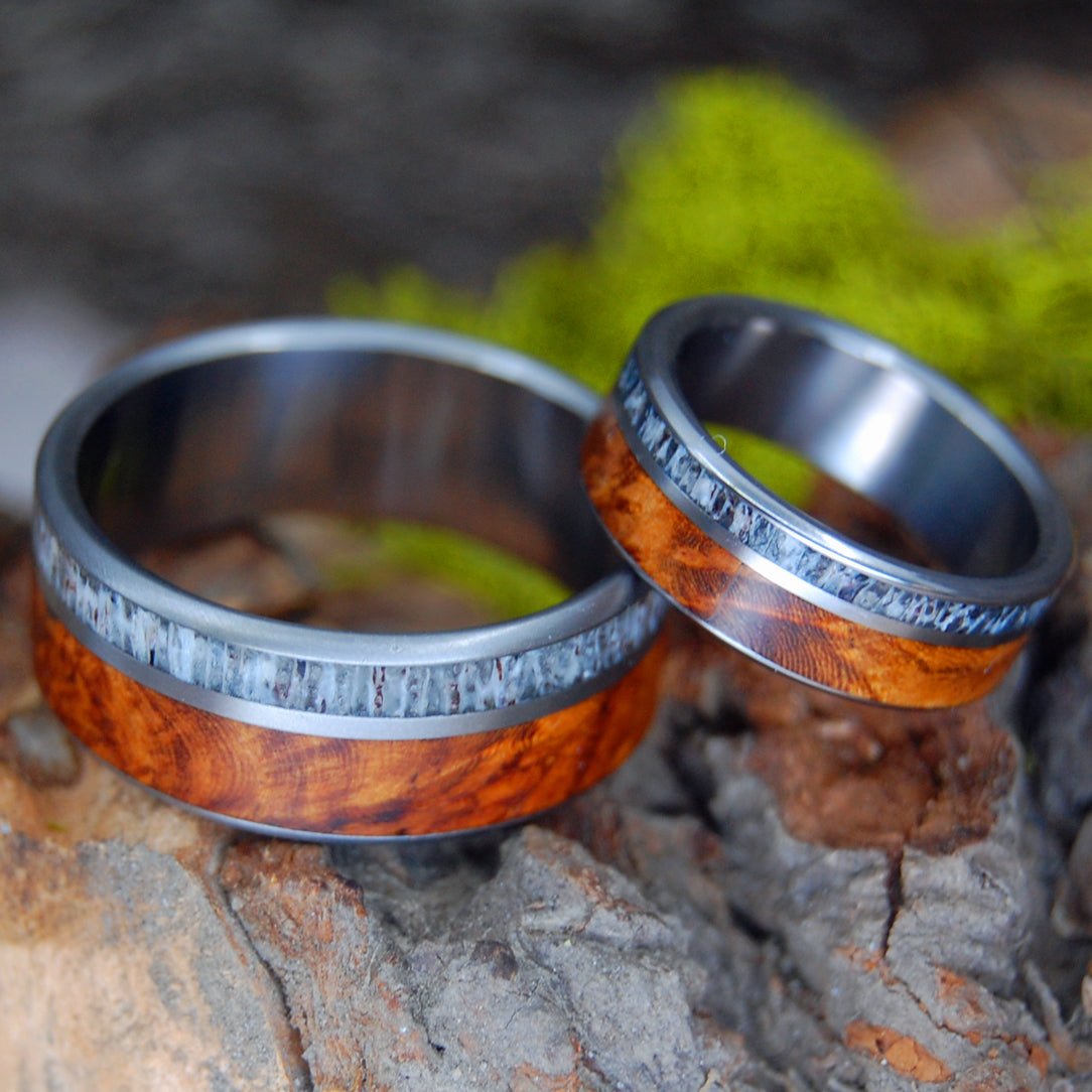 Deer By The Red Oak | Deer Antler & Red Oak Wood - His And Hers Wedding Ring - Minter and Richter Designs
