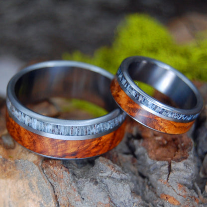 Deer By The Red Oak | Deer Antler & Red Oak Wood - His And Hers Wedding Ring - Minter and Richter Designs