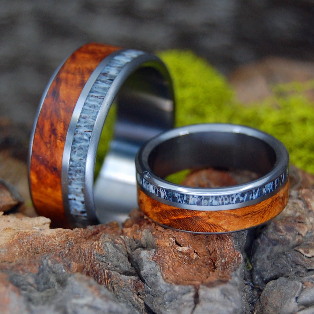 Deer By The Red Oak | Deer Antler & Red Oak Wood - His And Hers Wedding Ring - Minter and Richter Designs