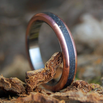 DEER ON BLACK BEACH | Black Beach Sand, Deer Antler, Copper & Titanium Women's Wedding Ring - Minter and Richter Designs