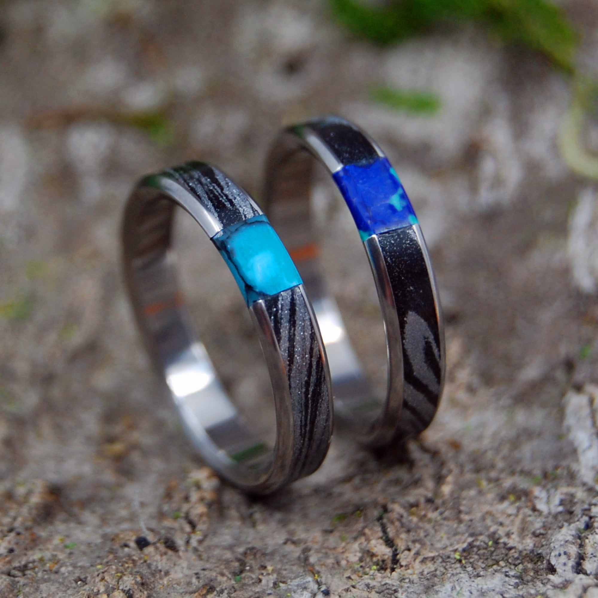 Desire's Whirlwind | Turquoise Black M3 & Titanium - Unique Wedding Ring - Wedding Ring Set - Minter and Richter Designs