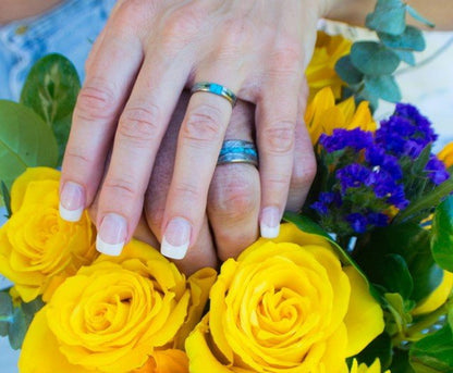 DESIROUS & DESIRE'S WHIRLWIND SET | Turquoise & Black Silver M3 Mokume Gane Titanium Wedding Rings - Minter and Richter Designs