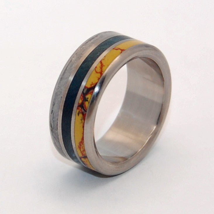 Dino Killer | Men's Dinosaur Bone, Meteorite, & Blue Box Elder Wood Titanium Wedding Ring - Minter and Richter Designs
