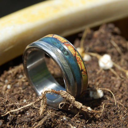 Dino Killer | Men's Dinosaur Bone, Meteorite, & Blue Box Elder Wood Titanium Wedding Ring - Minter and Richter Designs