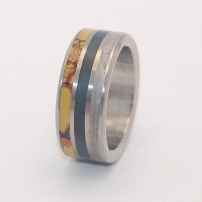 Dino Killer | Men's Dinosaur Bone, Meteorite, & Blue Box Elder Wood Titanium Wedding Ring - Minter and Richter Designs