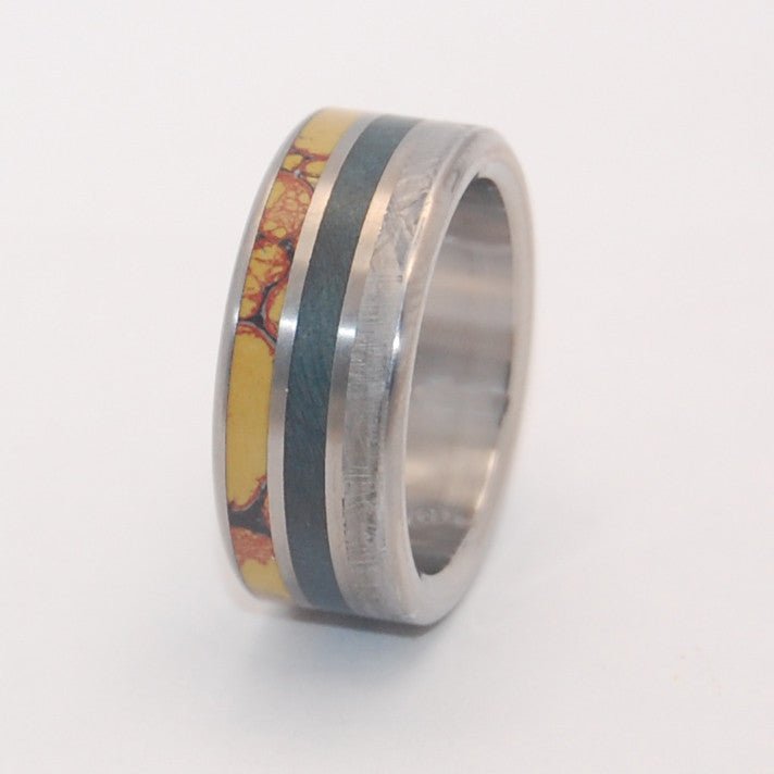 Dino Killer | Men's Dinosaur Bone, Meteorite, & Blue Box Elder Wood Titanium Wedding Ring - Minter and Richter Designs
