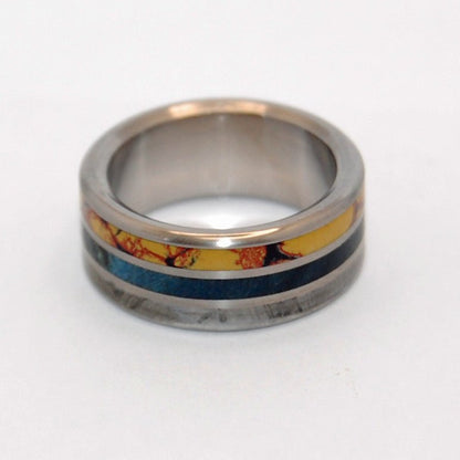 Dino Killer | Men's Dinosaur Bone, Meteorite, & Blue Box Elder Wood Titanium Wedding Ring - Minter and Richter Designs
