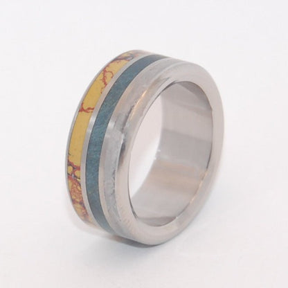 Dino Killer | Men's Dinosaur Bone, Meteorite, & Blue Box Elder Wood Titanium Wedding Ring - Minter and Richter Designs