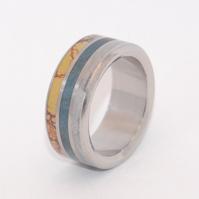 Dino Killer | Men's Dinosaur Bone, Meteorite, & Blue Box Elder Wood Titanium Wedding Ring - Minter and Richter Designs