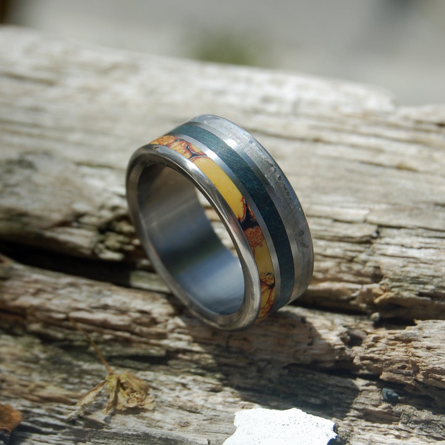 Dino Killer | Men's Dinosaur Bone, Meteorite, & Blue Box Elder Wood Titanium Wedding Ring - Minter and Richter Designs