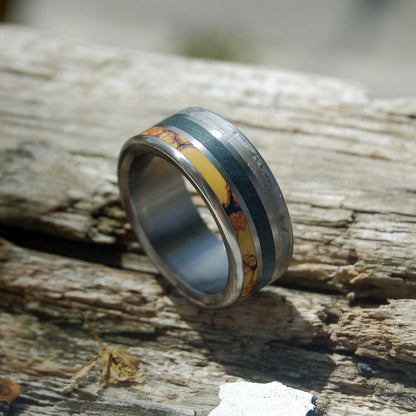 Dino Killer | Men's Dinosaur Bone, Meteorite, & Blue Box Elder Wood Titanium Wedding Ring - Minter and Richter Designs