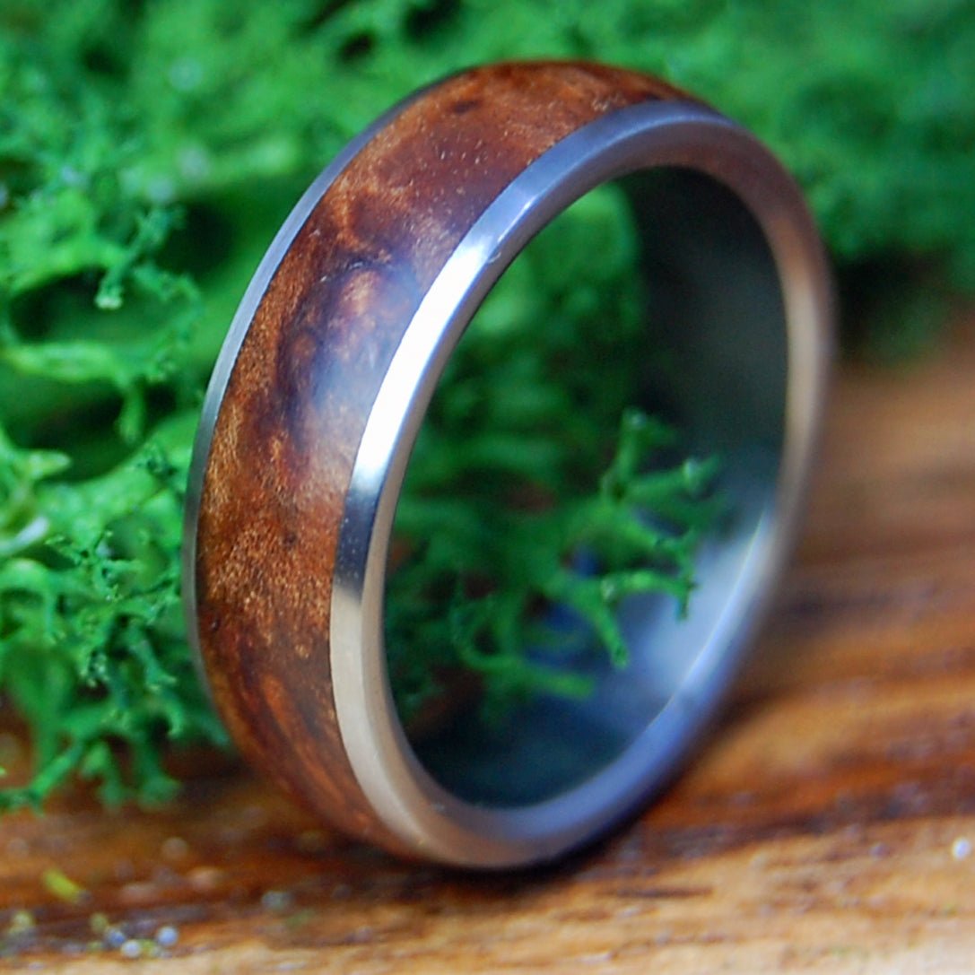 DOMED MAINE BURLY MAPLE | Men's Maine Maple & Titanium Domed Wedding Ring - Minter and Richter Designs