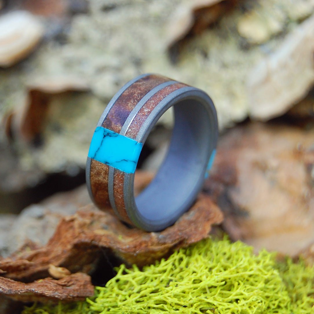 Double Turquoise Sedona Arizona | Men's Kingman Turquoise, Arizona Turquoise, Sedona Desert Sand, Dark Maple & Titanium Wedding Ring - Minter and Richter Designs
