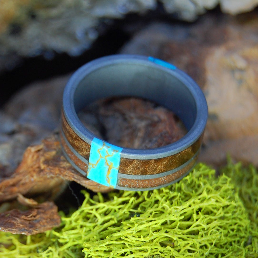 Double Turquoise Sedona Arizona | Men's Kingman Turquoise, Arizona Turquoise, Sedona Desert Sand, Dark Maple & Titanium Wedding Ring - Minter and Richter Designs