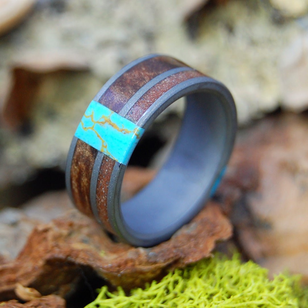 Double Turquoise Sedona Arizona | Men's Kingman Turquoise, Arizona Turquoise, Sedona Desert Sand, Dark Maple & Titanium Wedding Ring - Minter and Richter Designs