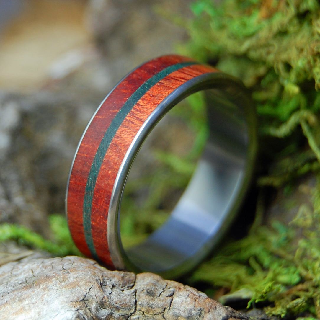 DOUBLE PLANTS OF ZION | Bloodwood & Green Maple Wood Titanium Wedding Ring - Minter and Richter Designs
