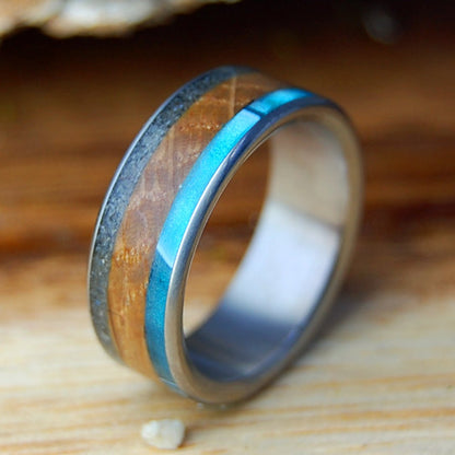 DRUNK ON FOLLY | Men's Whiskey Barrel, Folly Beach Sand, Alligator Teeth, Aquatic Blue & Titanium Wedding Ring - Minter and Richter Designs