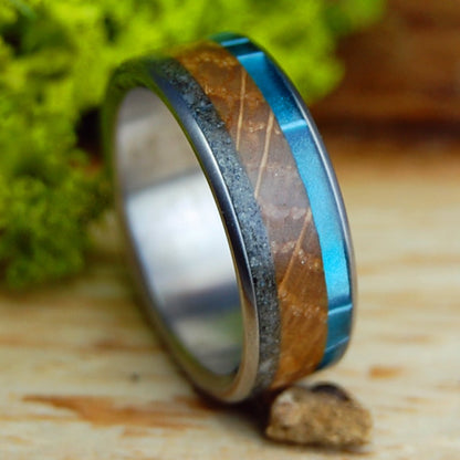 DRUNK ON FOLLY | Men's Whiskey Barrel, Folly Beach Sand, Alligator Teeth, Aquatic Blue & Titanium Wedding Ring - Minter and Richter Designs