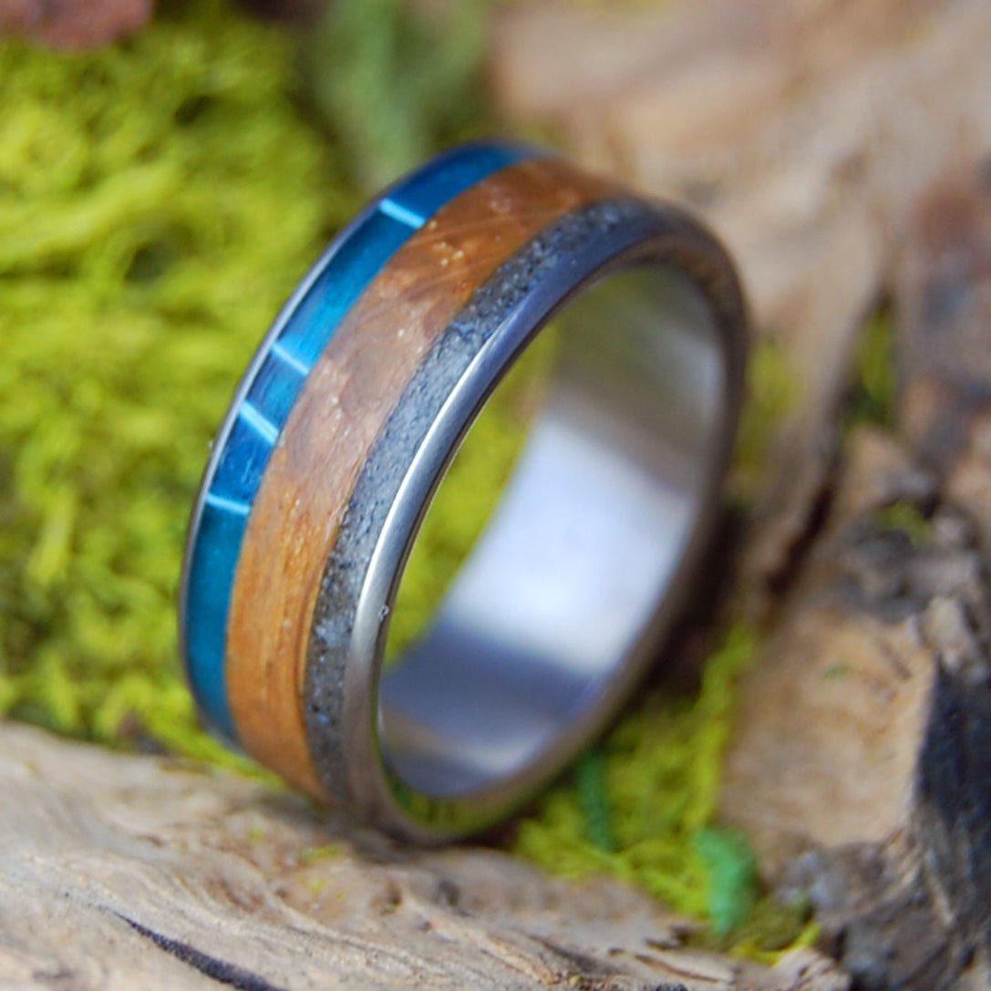 DRUNK ON FOLLY | Men's Whiskey Barrel, Folly Beach Sand, Alligator Teeth, Aquatic Blue & Titanium Wedding Ring - Minter and Richter Designs