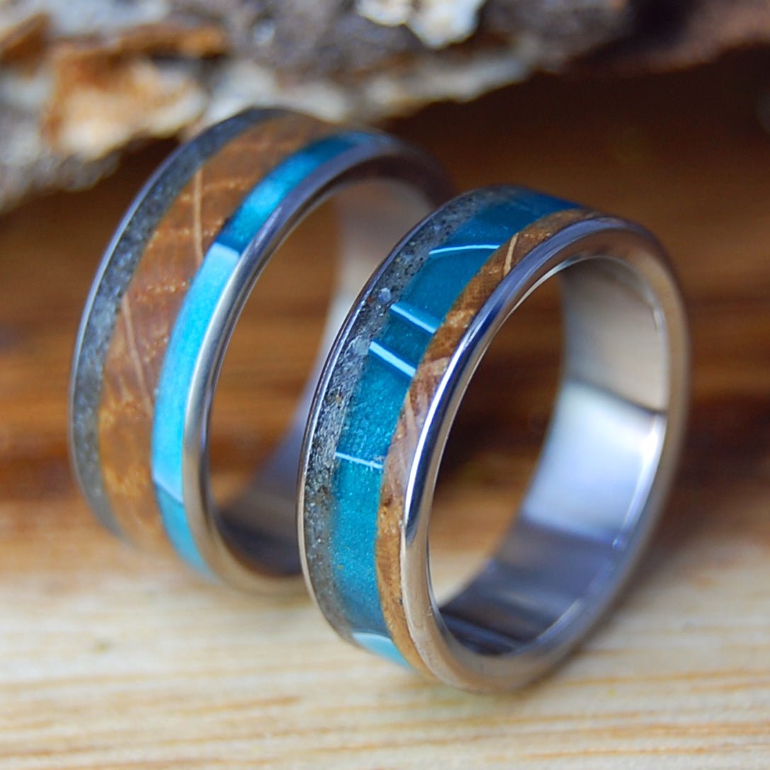 DRUNK & SWIMMING OFF FOLLY SET | Folly SC Beach Sand, Aligator Teeth & Whiskey Barrel - Unique Wedding RingsUnique Wedding Rings - Minter and Richter Designs