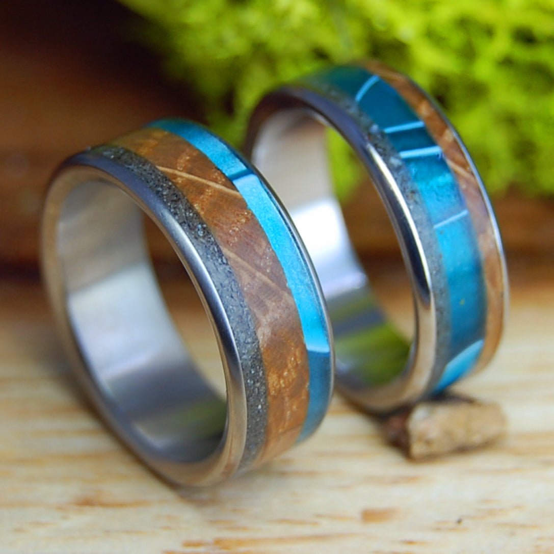 DRUNK & SWIMMING OFF FOLLY SET | Folly SC Beach Sand, Aligator Teeth & Whiskey Barrel - Unique Wedding RingsUnique Wedding Rings - Minter and Richter Designs