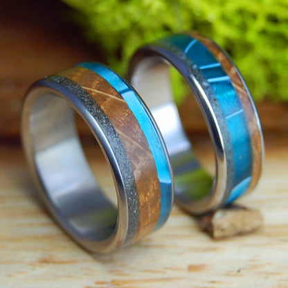 DRUNK & SWIMMING OFF FOLLY SET | Folly SC Beach Sand, Aligator Teeth & Whiskey Barrel - Unique Wedding RingsUnique Wedding Rings - Minter and Richter Designs