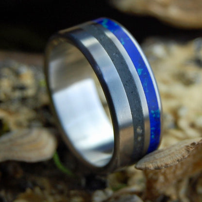 DUCK NORTH CAROLINA | Duck NC Beach Sand & Azurite Malachite Stone Titanium Wedding Ring - Minter and Richter Designs