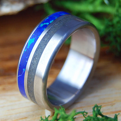 DUCK NORTH CAROLINA | Duck NC Beach Sand & Azurite Malachite Stone Titanium Wedding Ring - Minter and Richter Designs