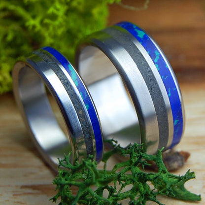 DUCK NORTH CAROLINA SET | Duck NC Beach Sand & Azurite Malachite Stone Titanium Wedding Rings - Minter and Richter Designs