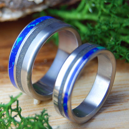 DUCK NORTH CAROLINA SET | Duck NC Beach Sand & Azurite Malachite Stone Titanium Wedding Rings - Minter and Richter Designs