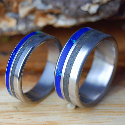 DUCK NORTH CAROLINA SET | Duck NC Beach Sand & Azurite Malachite Stone Titanium Wedding Rings - Minter and Richter Designs