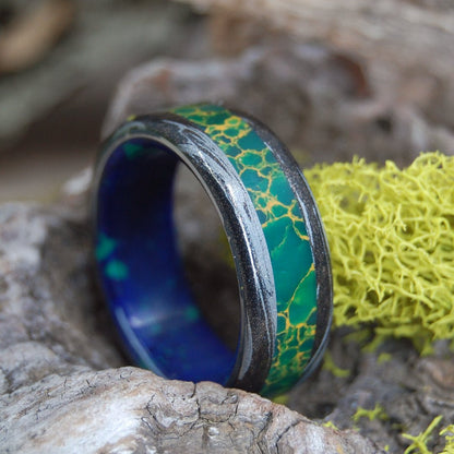 Earth Over Greek Ocean | Men's Jade, Azurite Malachite & Titanium Wedding Ring - Minter and Richter Designs