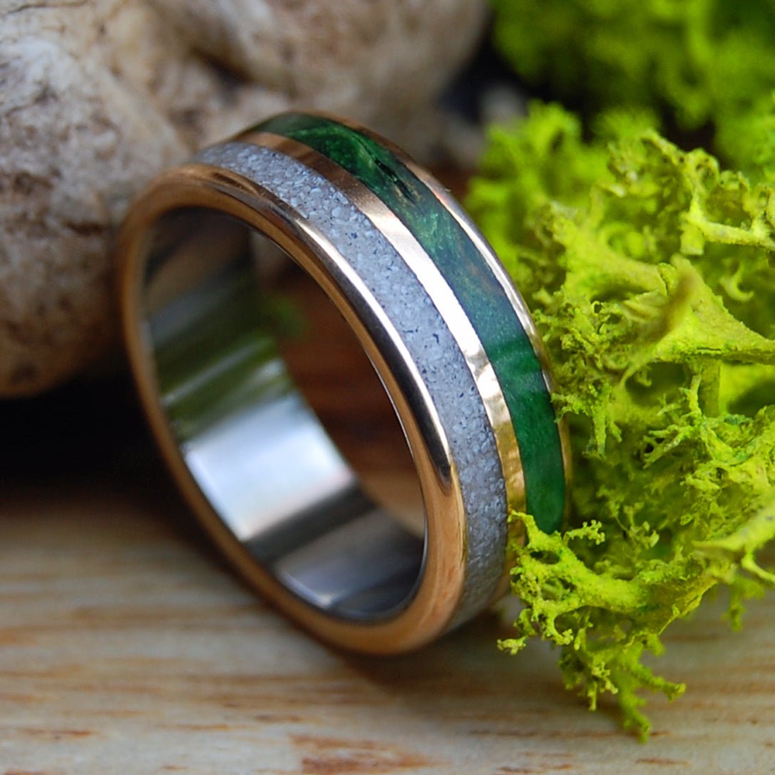 ETERNAL| Green Box Elder, sand, Titanium & Bronze Wedding Ring - Minter and Richter Designs