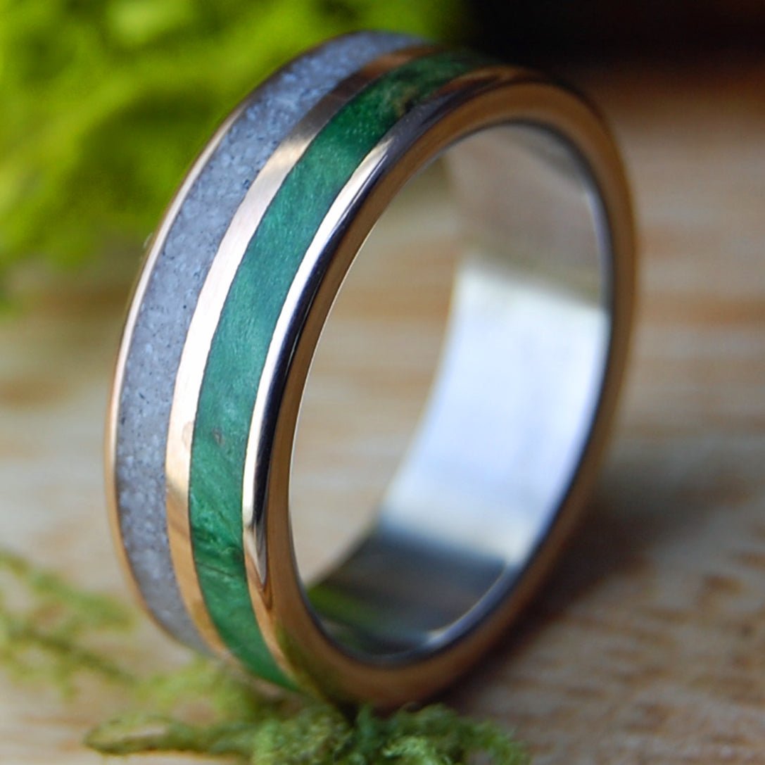 ETERNAL| Green Box Elder, sand, Titanium & Bronze Wedding Ring - Minter and Richter Designs