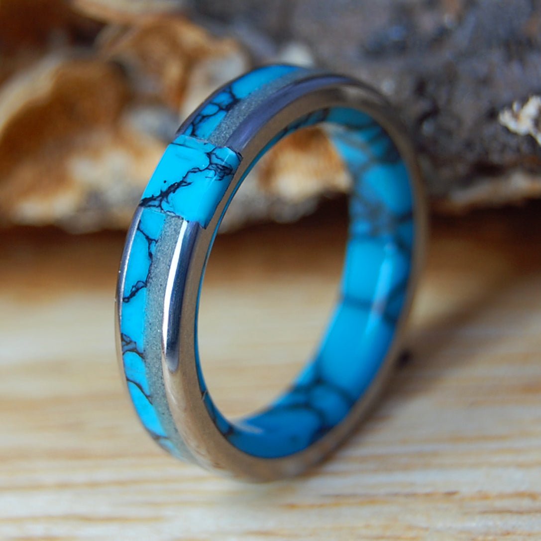ETERNALLY OUR BEACH FLUSH | St. Augustine Beach Sand, Turquoise & Titanium Wedding Ring - Minter and Richter Designs