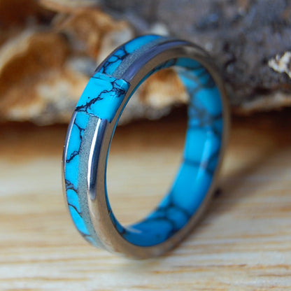 ETERNALLY OUR BEACH FLUSH | St. Augustine Beach Sand, Turquoise & Titanium Wedding Ring - Minter and Richter Designs
