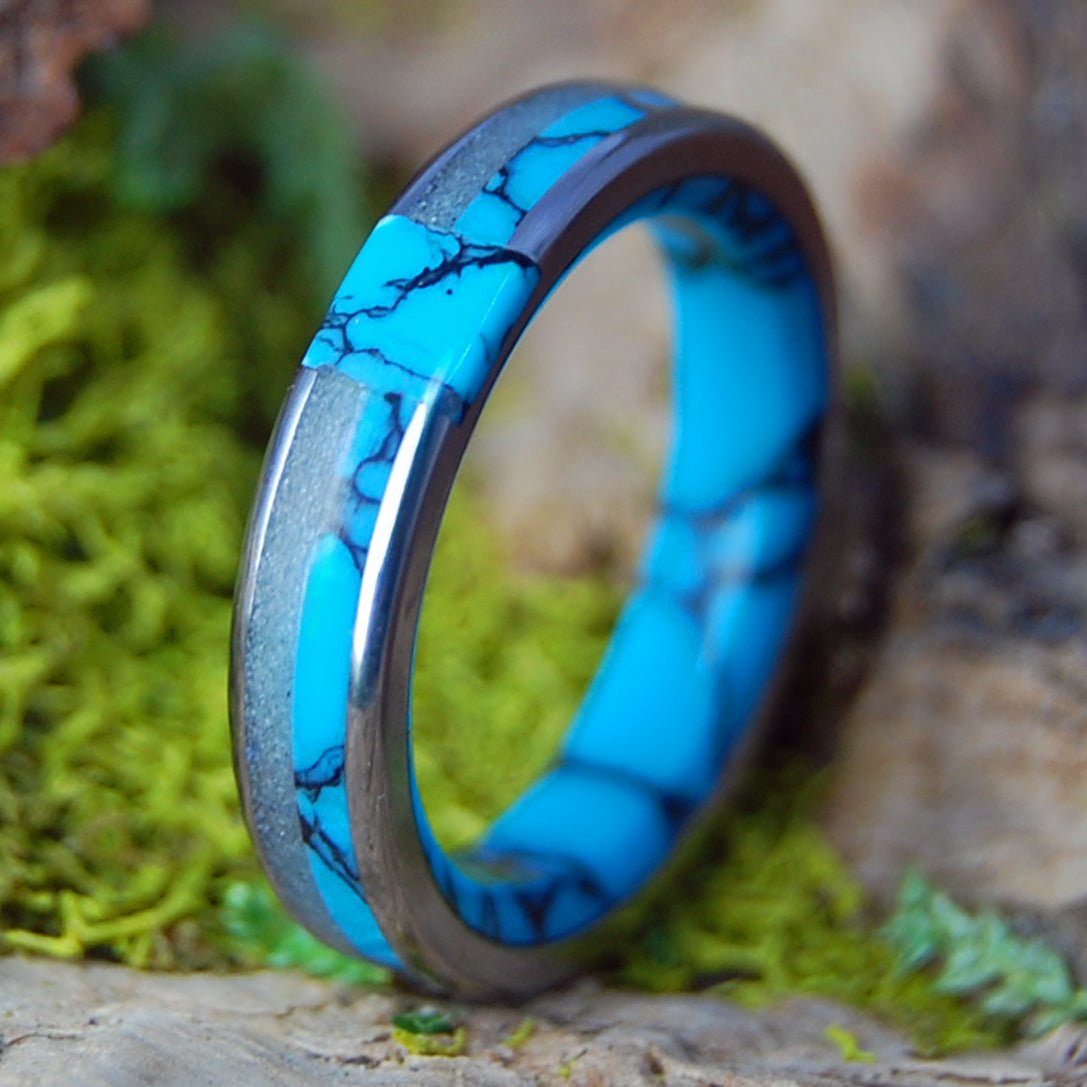ETERNALLY OUR BEACH FLUSH | St. Augustine Beach Sand, Turquoise & Titanium Wedding Ring - Minter and Richter Designs
