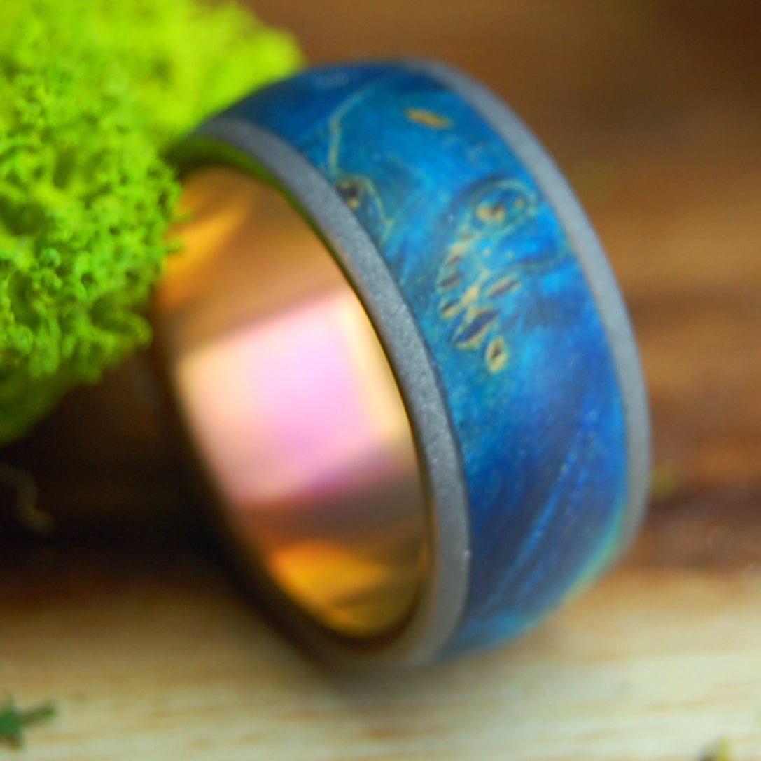 EVERY DROP OF BLUE | Men's and Women's Box Elder Wood & Titanium Wedding Ring - Minter and Richter Designs