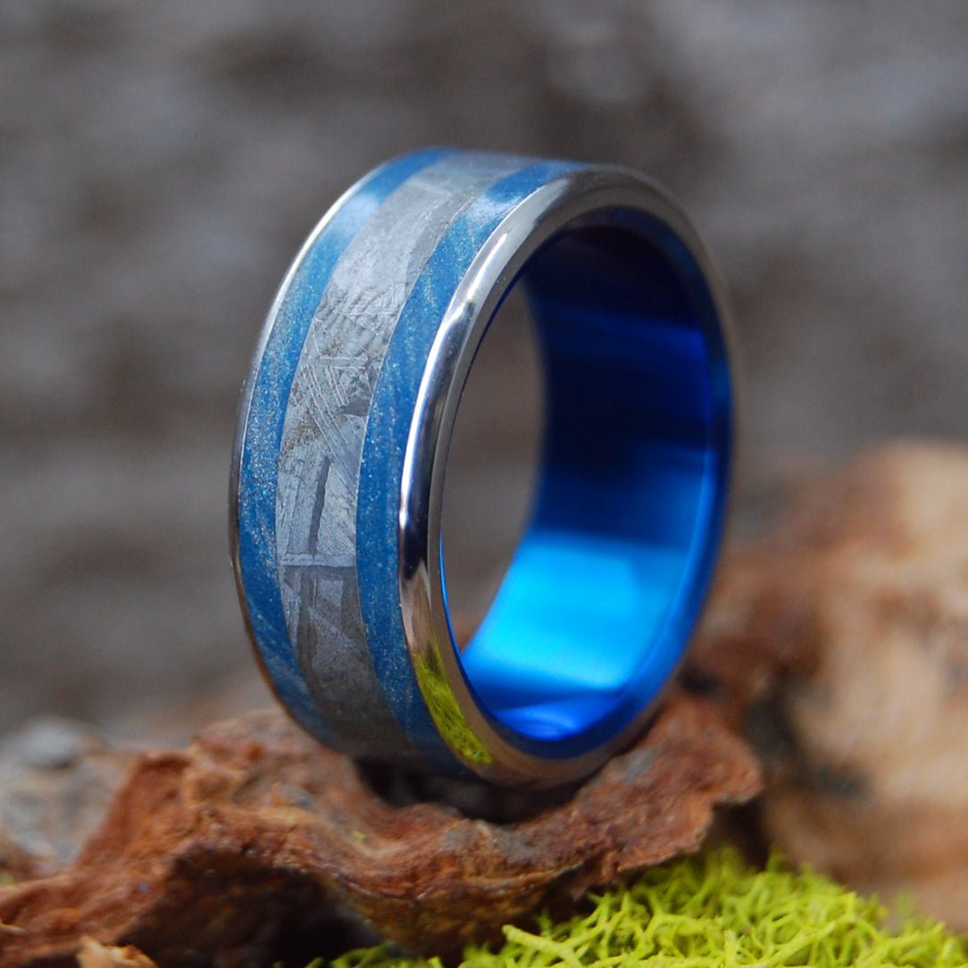 Every Knee Shall Bow Blue | Men's Meteorite, Blue M3 Titanium & Titanium Wedding Ring - Minter and Richter Designs