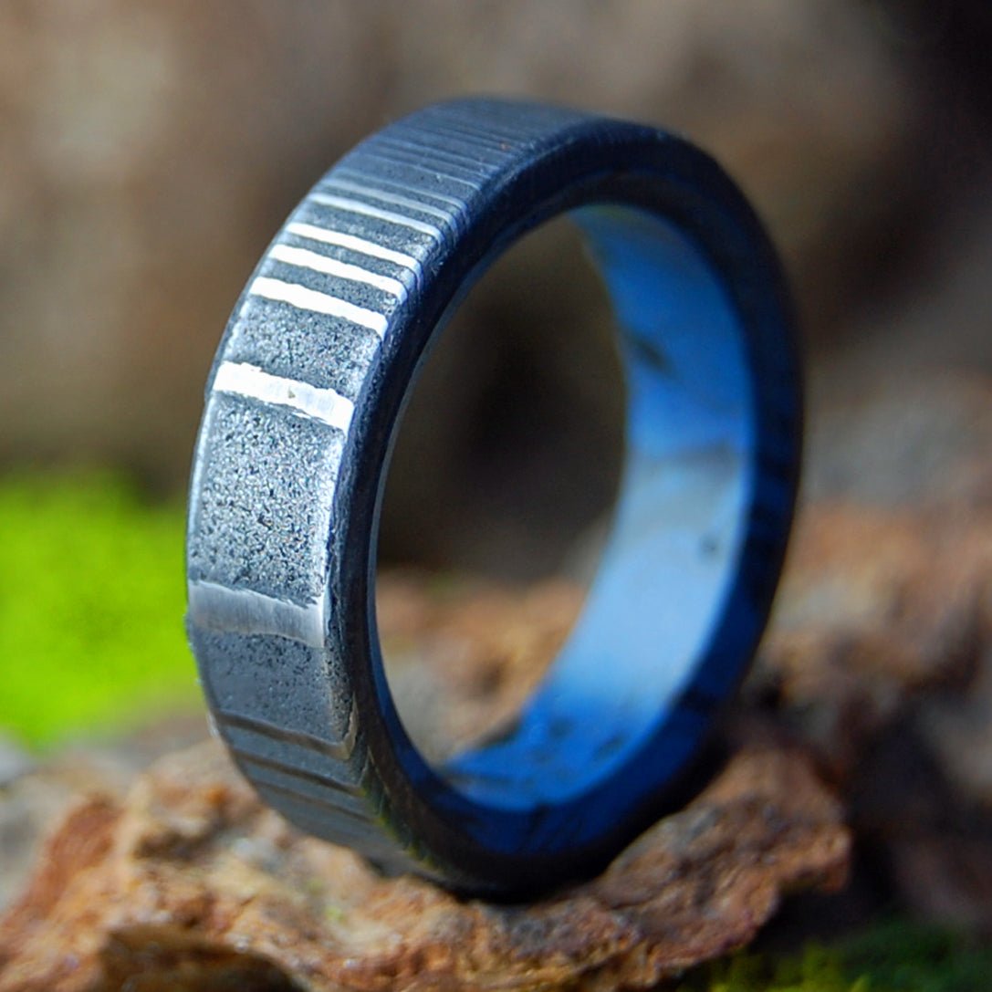 Faithfully Narrow | Men's Damascus Steel, Damasteel & Blue Black M3 Wedding Ring - Minter and Richter Designs